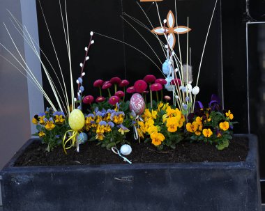 Dekoratif yumurtaların ve çiçek açan bahar çiçeklerinin güzel Paskalya kompozisyonu..