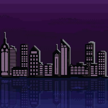 Illustration pixel şehir. Vektör Menekşe piksel City.