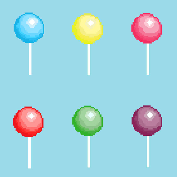 Set of pixel lollipops. Vector pixel cundy. Set of pixel colorful lollipops.