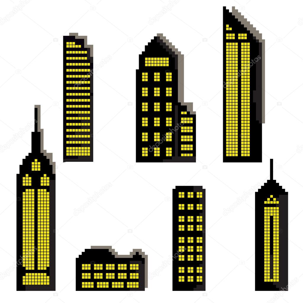 Set of pixel buildings. Vector of set pixel buildings on a white background with yellow lights.