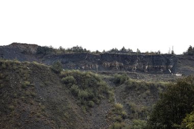 Rocky slope or quarry with distinct horizontal layers of rock and small trees on the top under a cloudy sky.
