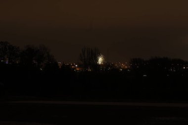 Parlak havai fişeklerden oluşan tek bir patlama uzak, parıldayan şehir manzarası ve çıplak ağaçların siluetleri üzerindeki karanlık gökyüzünü aydınlatıyor.