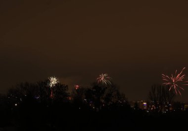 Karanlık gökyüzü boyunca ışık patlamaları, önplanda çıplak ağaçlar olan sakin bir şehir manzarasının üzerinde şenlikli bir atmosfer yaratıyor.