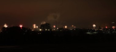 Geceleri gökyüzünde siluetli ağaçların ve binaların üzerinde sayısız havai fişeğin patladığı bir şehrin panoramik görüntüsü.