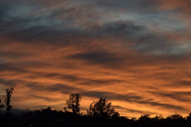 Gökyüzünde parlak turuncu ve yumuşak gri bulutlarla sersemletici bir gün batımı. Sıcak ışık alan atmosferik doğal manzara tasarım, arkaplan ve seyahat görüntüleri için mükemmel..