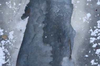 Donmuş bir su kütlesi üzerinde buz ve kardan oluşan soyut desenler ve dokular doğal kış güzelliğini gözler önüne seriyor.