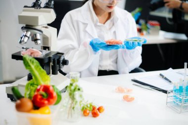 Two Asian scientists in a lab conducting food research using a microscope and lab equipment, showcasing innovation in food science and biotechnology