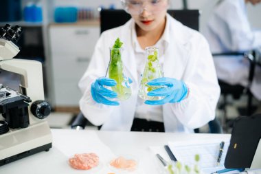 Two Asian scientists in a lab conducting food research using a microscope and lab equipment, showcasing innovation in food science and biotechnology