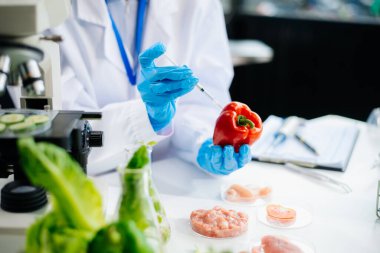 Two Asian scientists in a lab conducting food research using a microscope and lab equipment, showcasing innovation in food science and biotechnology