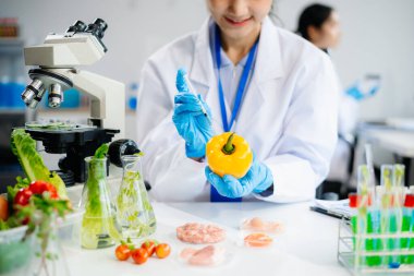 Two Asian scientists in a lab conducting food research using a microscope and lab equipment, showcasing innovation in food science and biotechnology