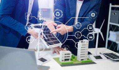 Business team working virtual modern smartphone to reduce CO2 emissions carbon footprint climate change to limit global warming.Sustainable development and green business concept. at offic