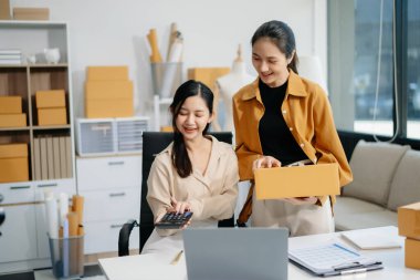 Starting small businesses SME owners, two check online orders Selling products working with boxs freelance work at home office using tablet and laptop  marketing, packaging, concept