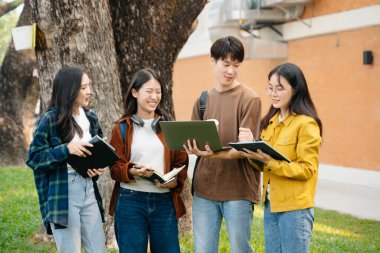 Genç Asyalı üniversite öğrencileri ve bir kız öğrenci grubu sabahları arkadaşlarıyla kampüs parkında çalışıyor. Eğitim kavramı 