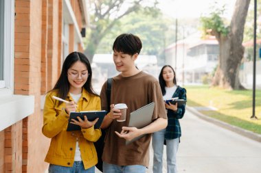 Two smart young Asian college students focusing on his school project, looking at laptop and tablet, discussing and working together at the campus park