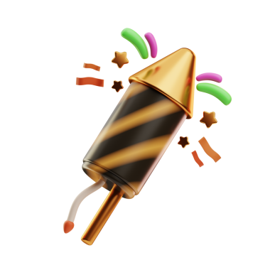 Renkli, metalik yüzeyi ve yüzgeçleri olan 3 boyutlu roket şeklinde havai fişek..