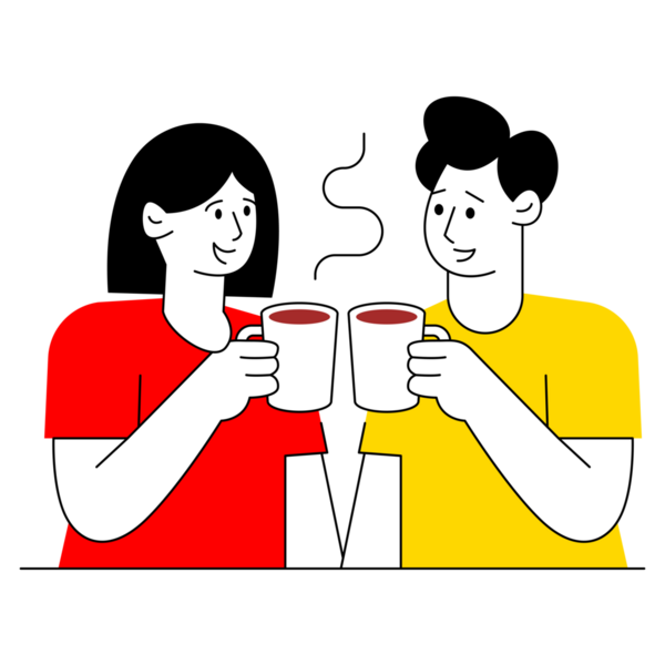 İki arkadaş sıcak kakao içiyor, gülümsüyor ve sıcacık bir anı paylaşıyorlar..