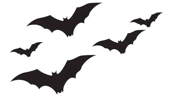 Bir grup cesur siyah yarasa silueti temiz beyaz bir arkaplanda uçuyor. Kompozisyon dinamik ve ürkütücü, dramatik bir hareket hissi var. Cadılar Bayramı kampanyaları, posterler, dekorlar veya vektör markalaşma projeleri için ideal.