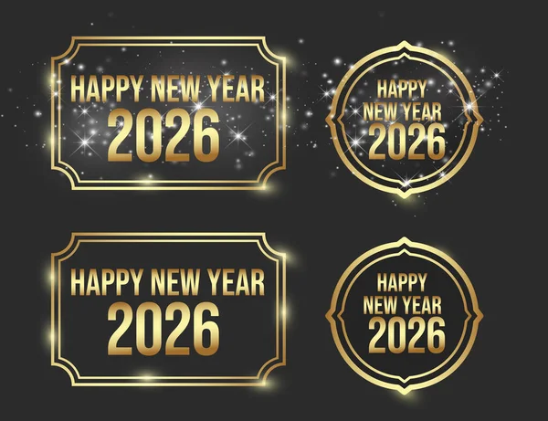 Şatafatlı altın temalı tasarımlar 2026 'yı süslü çerçeveler ve parlak yıldızların vurgulandığı, karanlık bir zemin üzerinde daire şeklinde amblemlerle kutluyor. Tebrik kartları, sosyal medya afişleri, davetiyeler ve festival pazarlama kampanyaları için ideal.