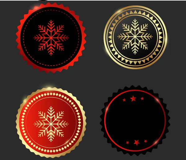 Karmaşık kar taneleri motifli dört dekoratif dairesel madalyadan oluşan bir grup. Rozetlerde koyu arkaplanda kırmızı ve altın metalik aksanlar, kalın sınırlar ve lüks bir görünüm için çeşitli renk şemaları yer alıyor. Bu zarif amblemler ideal.