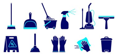 Süpürge, süpürge ve süpürge gibi temizlik malzemelerinin minimalist koyu mavi ve cyan düz simgeleri. Servis siteleri, uygulamalar, bilgi grafikleri ya da profesyonel sağlık hizmetleri markaları için mükemmel..