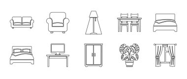 Düz, izole bir vektör koleksiyonu çeşitli ev mobilyaları ve yatak, kanepe ve masalar gibi iç dekorasyon nesneleri sergiliyor. Gayrimenkul veya ev yenilenmesi ile ilgili bilgiler, uygulama arayüzleri ve web sitesi tasarımı için ideal.