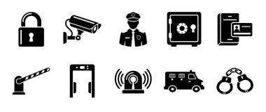 Güvenlik, suç önleme ve güvenlik kameraları, kilitler ve zırhlı taşıma araçlarını temsil eden siyah siluet vektör simgelerinin toplanması.