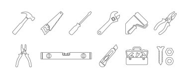 Minimalist siyah taslak simgeler olarak tasarlanmış çok yönlü bir yapı ve tamir el aletleri seti. Web tasarımı, uygulamalar ve DIY rehberleri için harika.