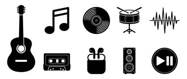 Ses, müzik enstrümanları ve modern teknolojiyi temsil eden düz vektör simgesi. Web sitesi ögeleri, arayüz tasarımı veya editoryal kullanım için mükemmel.