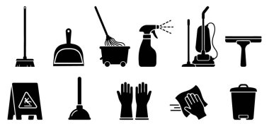 Çeşitli temizlik ekipmanları ve aletleri tasvir eden siyah siluet simgeleri. Ticari hizmet reklamları ya da ev işi listeleri için mükemmel.