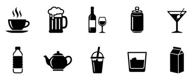 Bu, kahve, bira, şarap ve su gibi çeşitli içecek ikonlarının yer aldığı minimalist bir vektör kümesi. Menü tasarımı, mobil uygulama arayüzleri ve web grafikleri için kullanışlı.