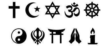 Siyahi siluetler olarak belirlenmiş büyük dini ve ruhani sembollerin koleksiyonu. Çeşitliliği, hoşgörüyü ve küresel inanç kavramlarını temsil eder. Eğitici ve kültürel içerik için ideal.