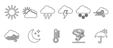 Güneş, yağmur, kar ve fırtınalar da dahil olmak üzere hava durumu ve iklim ikonlarının eksiksiz bir koleksiyonu. Öngörü uygulamaları, UI / UX tasarımı, web siteleri veya bilgilendirme grafikleri için mükemmel vektör seti.