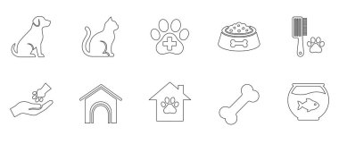 Hayvanlarla, tımarla, beslenmeyle ve veterinerlik sağlığıyla ilgili 10 çizgi resim ikonundan oluşan temiz, minimalist bir koleksiyon. Hayvan bakımıyla ilgili uygulamalar, web siteleri veya bilgilendirme grafikleri için kullanışlıdır.