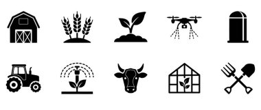 Modern tarımı, ekin ekimini, çiftlik hayvanlarını ve insansız hava araçları gibi akıllı tarım teknolojisini temsil eden vektör kabartma simgesi koleksiyonu. UI / UX, uygulamalar veya eğitim materyalleri için mükemmel.