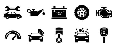 Motor, pil, yağ ve tamir aletleri gibi 10 temel otomotiv servis simgesinin yer aldığı kapsamlı bir vektör seti. Tamircilerin web siteleri, uygulamaları veya bilgi grafikleri için ideal.