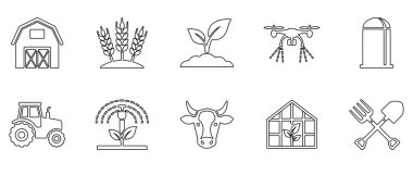 Ziraat ve akıllı tarım sistemlerini tasvir eden minimalist çizgi sanat simgeleri. Ahır, dron, traktör ve ekinler dahil. Uygulama UI / UX tasarımı için harika.