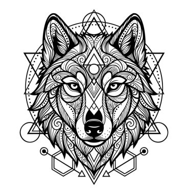 Siyah beyaz detaylı bir kurt mandala çizimi, geometrik desenler ve sanatsal yetenekler sergiliyor..