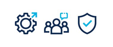 Minimalist vektör seti optimizasyon ayarları, takım işbirliği ve veri güvenlik simgeleri içerir. Şirket sunumları, web sitesi ögeleri veya IT servis bilgileri için ideal.