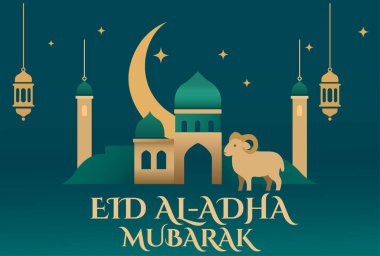 Festivali sembolize eden cami, hilal ve bir koç içeren resimli Kurban Bayramı kartı. Dini kutlamalar ve kültürel selamlaşmalar için ideal..