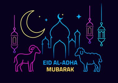 Cami silueti, hilal ay ışığı, fenerler ve koyunların yer aldığı canlı neon çizgili Kurban Bayramı sanatı. Kutlama kartları için mükemmel..