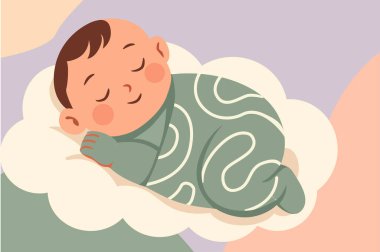 Bulutların üzerinde uyuyan şirin bir bebek tasviri. Çocuk tasarımı, çocuk ürünleri ve bebek kıyafetleri için ideal..