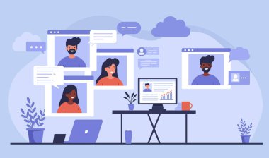 Düz tasarım illüstrasyonu, görüntülü konuşma yapan insanlarla sanal bir buluşma ayarlıyor. Uzak çalışma ve iletişim kavramları için mükemmel..