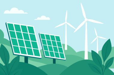 Canlı yeşil bir manzarada güneş panelleri ve rüzgar türbinlerinin yer aldığı temiz enerji çizimi. Sürdürülebilirlik kavramları için ideal.