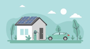 Elektrikli arabaya güç veren güneş panelleri olan bir ev tasviri. Sürdürülebilir enerji ve çevre dostu yaşamı temsil eder.