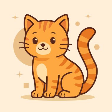 Çizgili sevimli turuncu çizgi film kedisi, bej bir arka planda şakacı bir şekilde oturuyor. Çocuk malzemeleri ve eğlenceli tasarımlar için mükemmel..