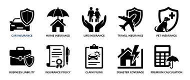 Bu kapsamlı siyah yassı vektör sigortası ikonları ev, araba, yaşam ve seyahat koruma sembollerini içerir, finansal planlama siteleri, sigorta ajansı broşürleri ve mobil uygulama arayüzleri ile güvenlik ve risk adam iletişimi için tasarlanmıştır.