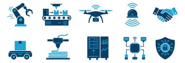 Otomasyon teknolojisi için düz vektör piktogramları olan akıllı imalat ve endüstri 4.0 simgesi seti endüstriyel robotlar üç d yazdırma ve bulut hesaplama veri yönetimi