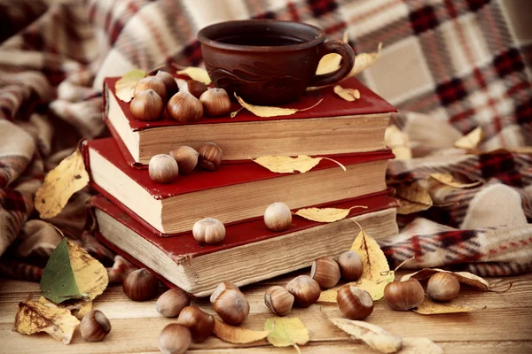 Tea cup and hazelnuts — Stock Photo, Image