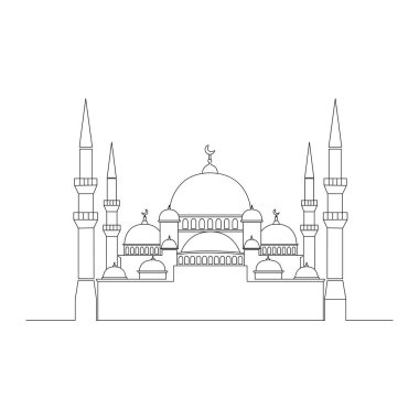 Bir minimalist çizgi, beyaz arka planda birden fazla kubbeli ve uzun minareleri olan bir camiyi tasvir eder..