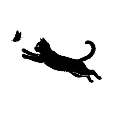 Beyaz arka planda uçan bir kedi. Siyah siluet. vektör illüstrasyonu.